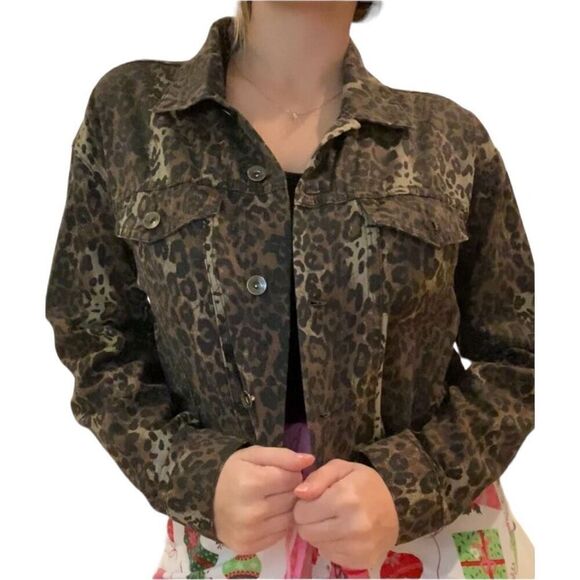 Womens Working Tile Animal Print Leopard Cropped Denim Style Jacket - Sz M - Picture 1 of 4
